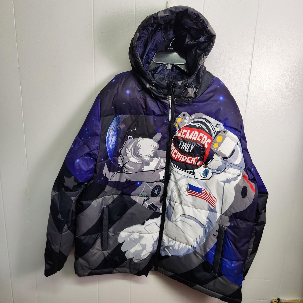Members Only Jacket Mens XL Black Astronaut Space Puffer Full Zip‎ Hooded Stars